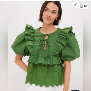 Tuckernuck Hyacinth House Forest Green Ruffle Nadia Blouse